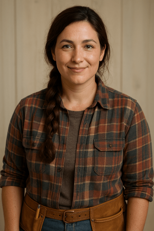 Sparky Aurora Lumen wearing a flannel shirt and tool belt, smiling with braided hair