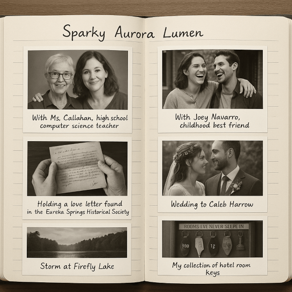 A fictional scrapbook of Sparky Aurora Lumen’s life with labeled black-and-white photos