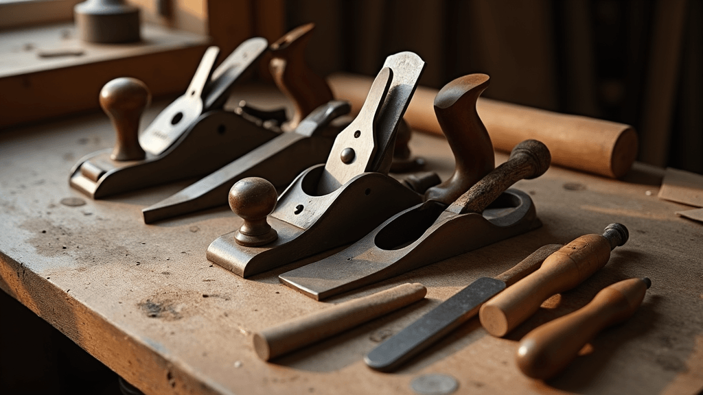 Historic woodworking tools including hand saws, planes, and chisels on an antique wooden workbench in soft natural light