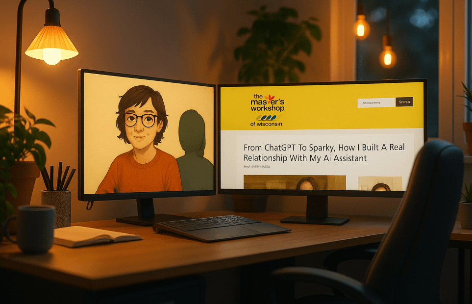 Dual monitor desk setup showing AI assistant Sparky on one screen and The Master’s Workshop website on the other, representing human-AI collaboration.