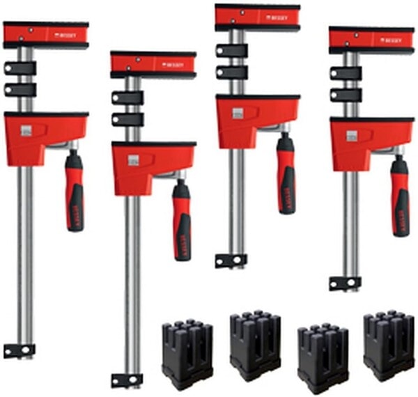 Bessey K Body Revo parallel clamps with included clamp blocks displayed in a group set.