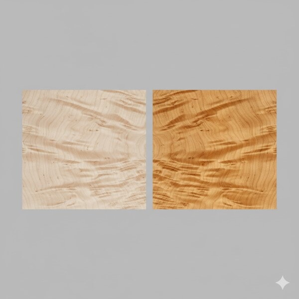 Curly Maple sample shown unfinished and with oil-polyurethane finish, displaying its characteristic rippling chatoyance.