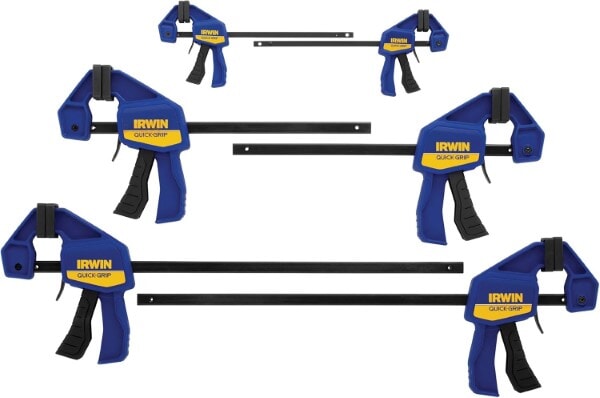 Set of Irwin Quick-Grip bar clamps in multiple sizes with blue and yellow bodies and trigger handles.