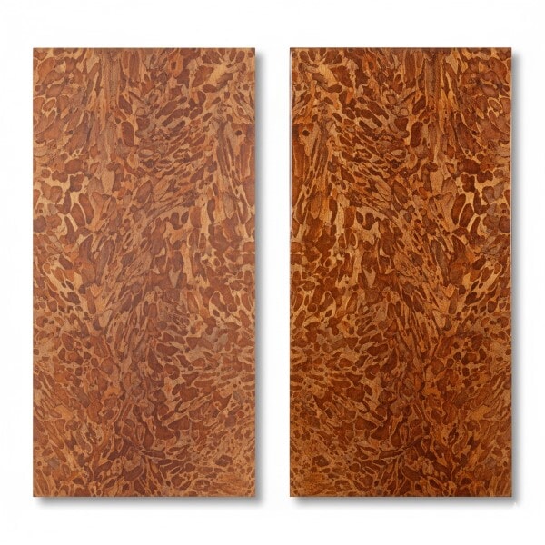 Lacewood sample shown unfinished and with oil-poly finish, emphasizing its striking flecked and mottled grain pattern.