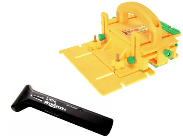 Microjig GRR-Ripper push block and Little Wizard II metal detector on a workbench