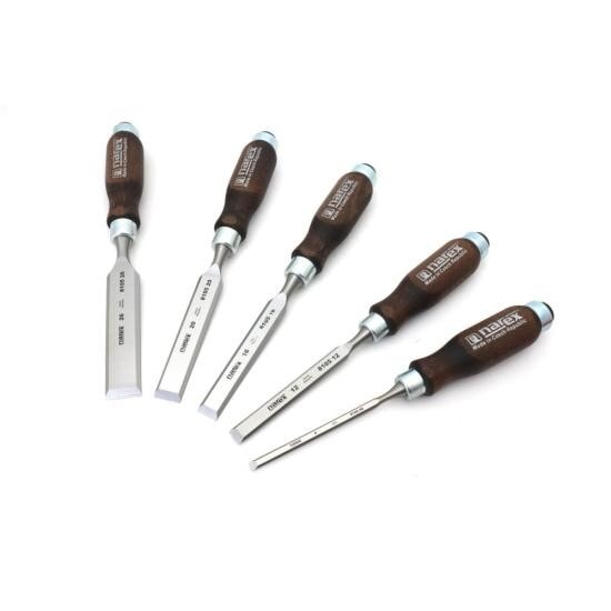 Set of five Narex bench chisels with walnut handles arranged on a white background.