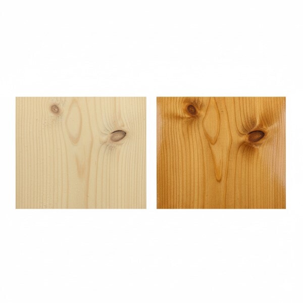 Pine sample shown unfinished and with oil-poly finish, highlighting warm golden tones and knot patterns.