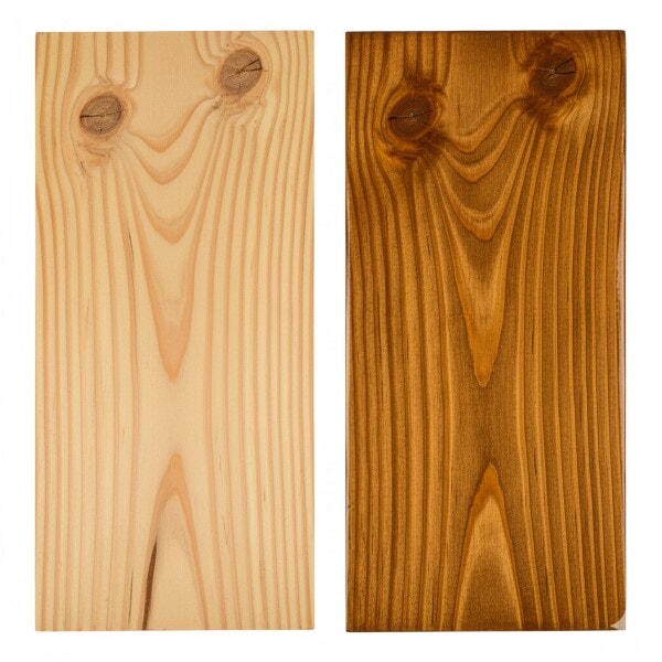 Southern Yellow Pine sample shown unfinished and with oil-poly finish, displaying its golden tone and pronounced grain pattern with knots.