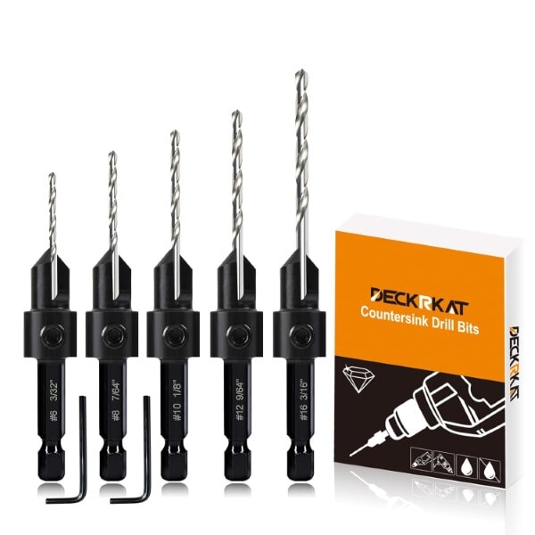 5-piece Deckrkat countersink drill bit set with hex shanks and adjustable depth stops, arranged upright next to the product box.