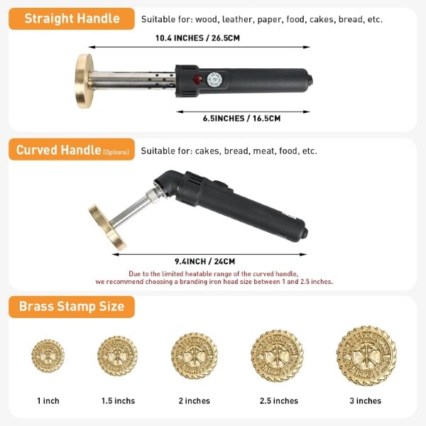 Electric branding iron with straight and curved handle options and brass stamp sizes from 1 to 3 inches.
