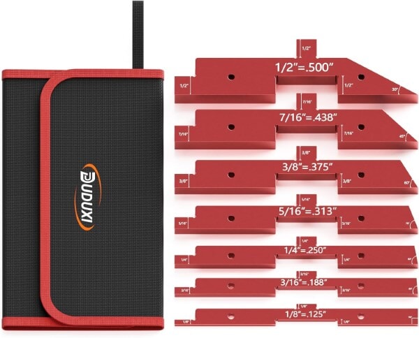 DUDUXI router table setup bars with carrying case showing fixed-height gauges from 1/8&quot; to 1/2&quot;.