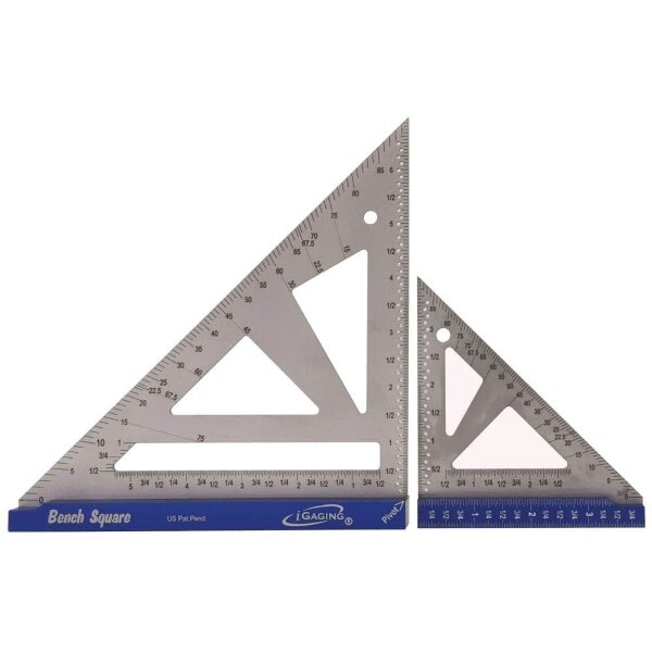 Two iGaging precision bench squares, a 7-inch and 4-inch model, made of stainless steel with blue bases, shown side by side for woodworking layout and measurement.