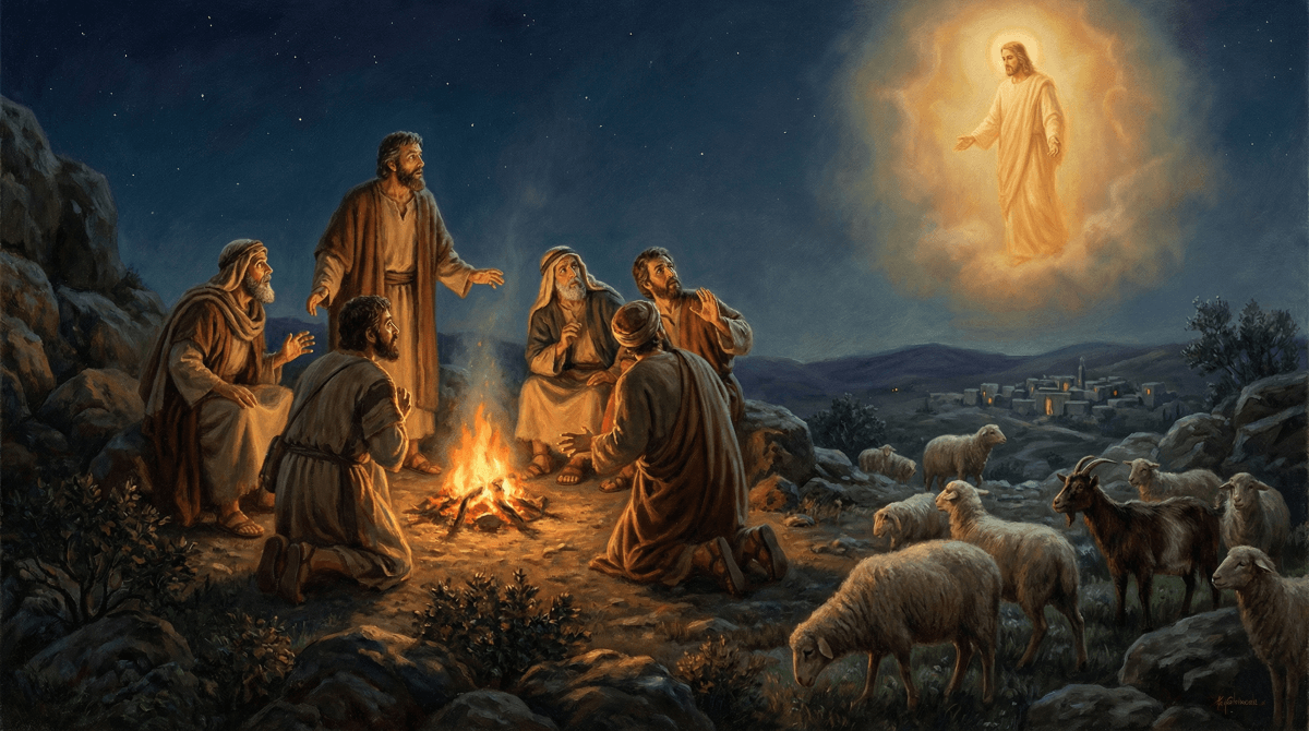 An angel appearing to shepherds at night as they watch their sheep near Bethlehem, inspired by Luke chapter 2.